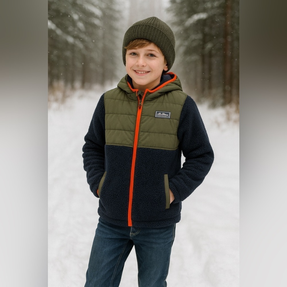 Eddie Bauer Boy’s Fleece Navy and Olive Hooded Zip up Jacket Outdoors Size XL